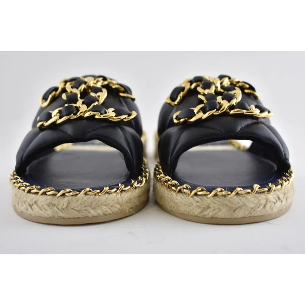 Chanel 25P Black Quilted Leather Chain CC Logo Slide Sandal Espadrille Flat 35